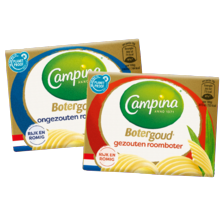 Campina botergoud gezouten of ongezouten,
grasboter ongezouten of bakken & braden
wikkel à 200/250 gram
